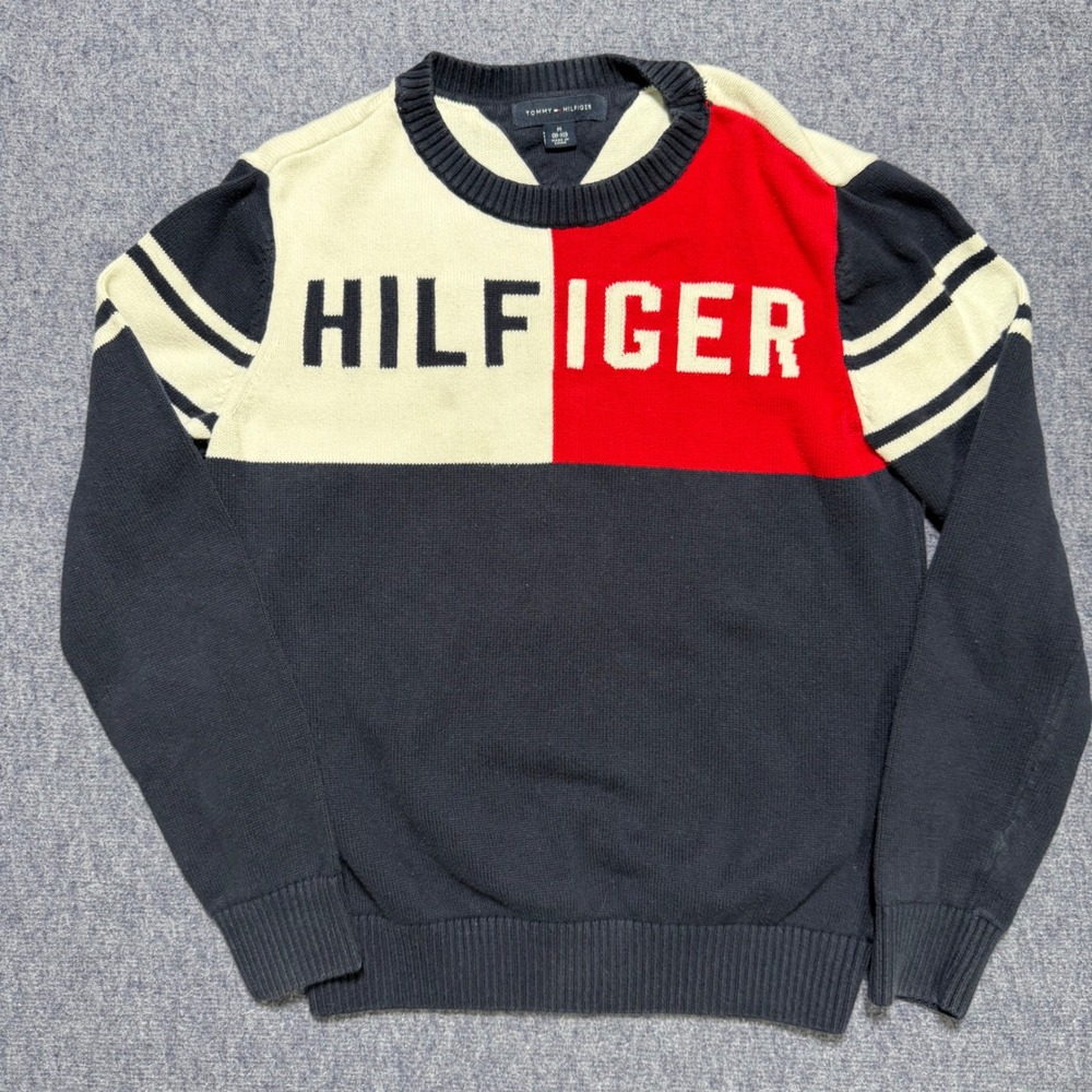 Tommy Hilfiger Boys M 8-10 Colorblock Logo Knit Sweater Navy Red White